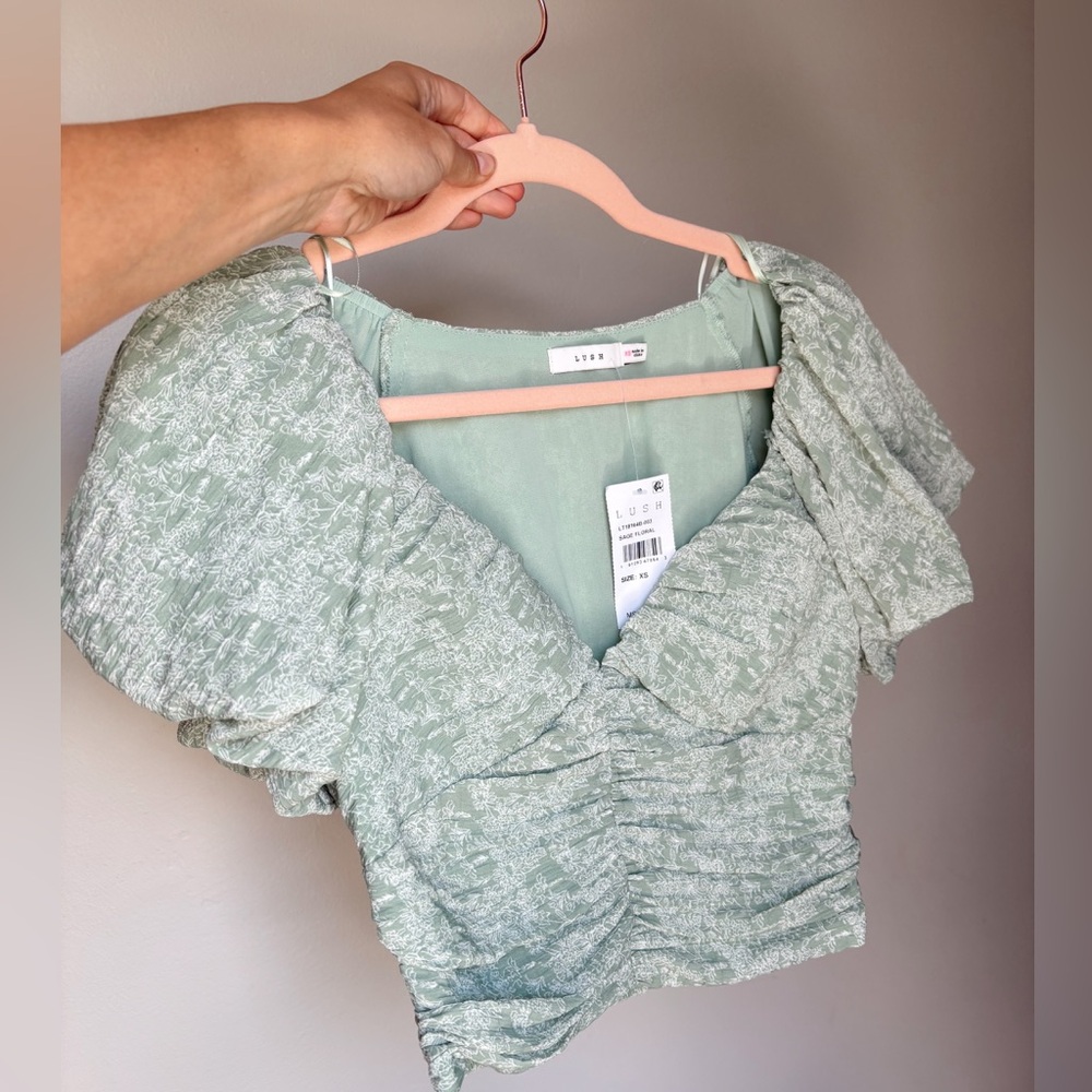 Lush Sage Green Floral Blouse with Puff Sleeves